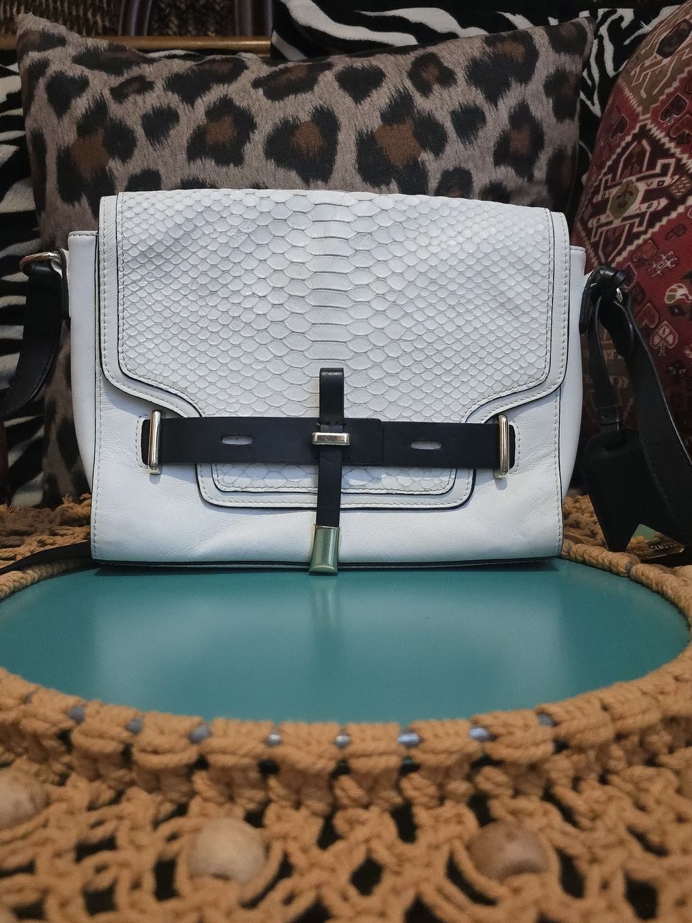 Vince Camuto White Black Snake Max Textured Gold Leather Crossbody Bag